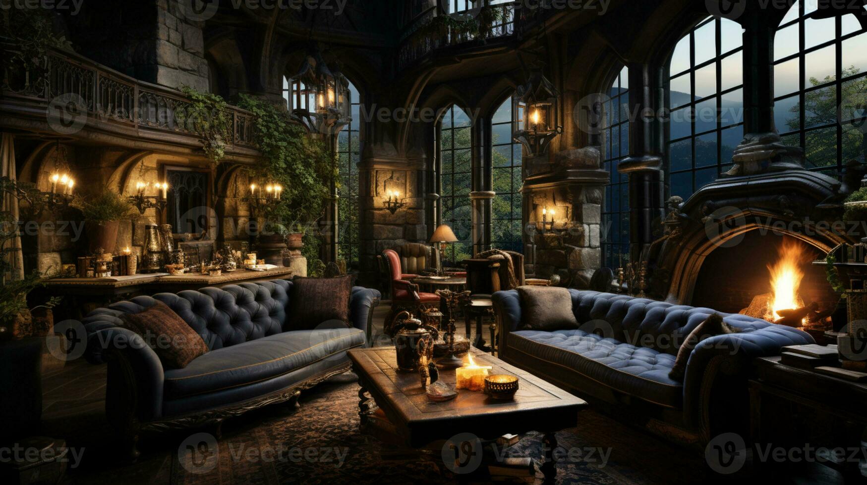 Interior Design, Beautiful Living room Gothic Style, Luxury Mansion, Elegant tall window, AI Generative photo