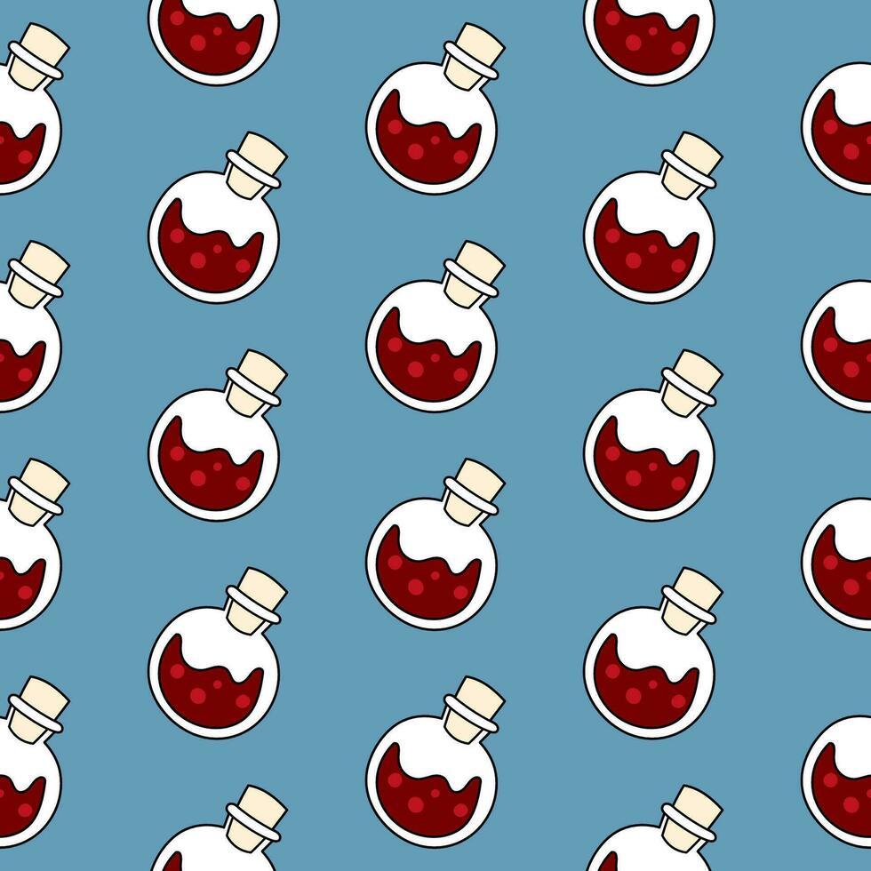 Cute doodle illustration in flat style, seamless pattern glass flask with potion on blue background, fortune telling. Witch items, witchcraft. vector