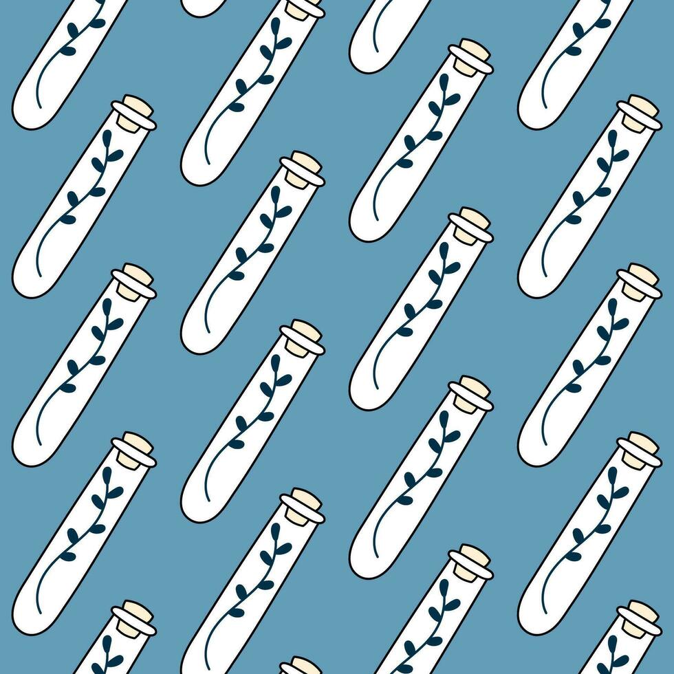 Cute doodle illustration in flat style, seamless pattern of test tube with dried herbs on blue background, fortune telling. Witch items, witchcraft. vector