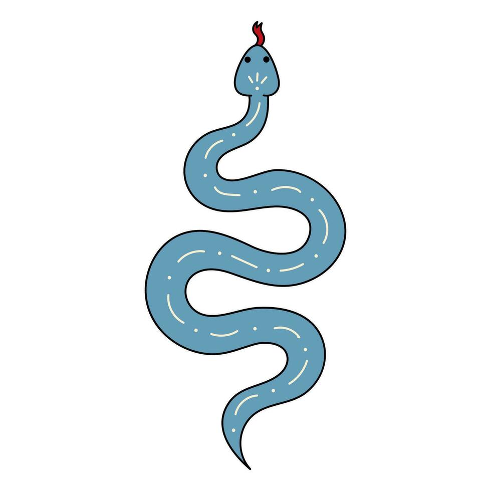 Cute doodle illustration in flat style, blue poisonous snake isolated on white background. Witch's pet, witchcraft. vector