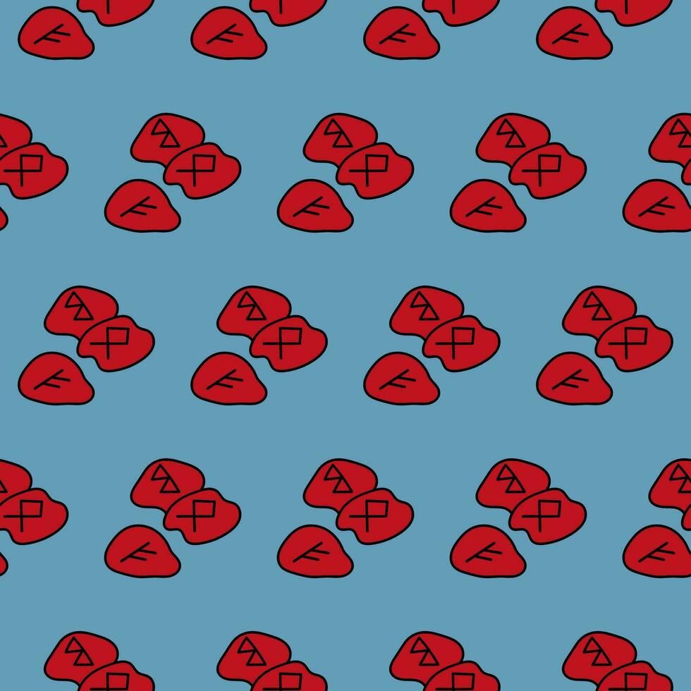 Cute doodle illustration in flat style, seamless pattern red runes on a blue background, fortune telling. Witch items, witchcraft. vector