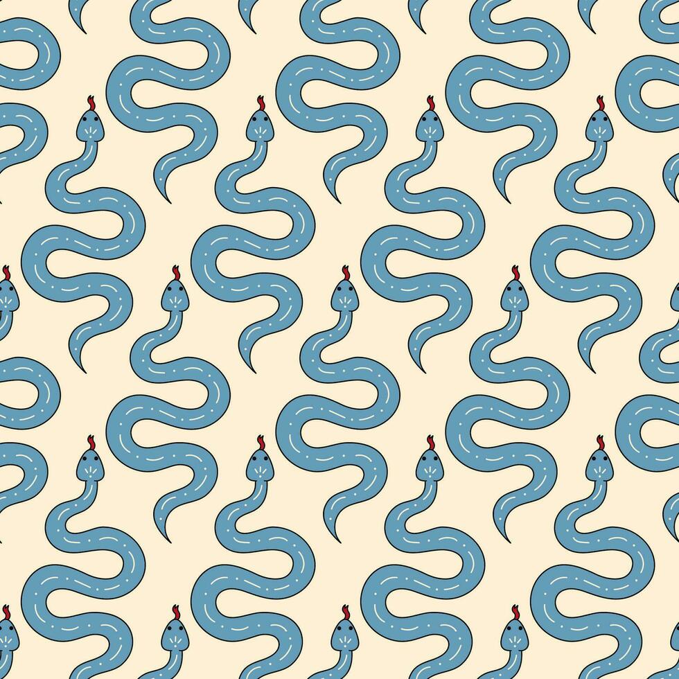 Cute doodle illustration in flat style, seamless pattern of blue poisonous snakes on a beige background, fortune telling. Witch items, witchcraft. vector