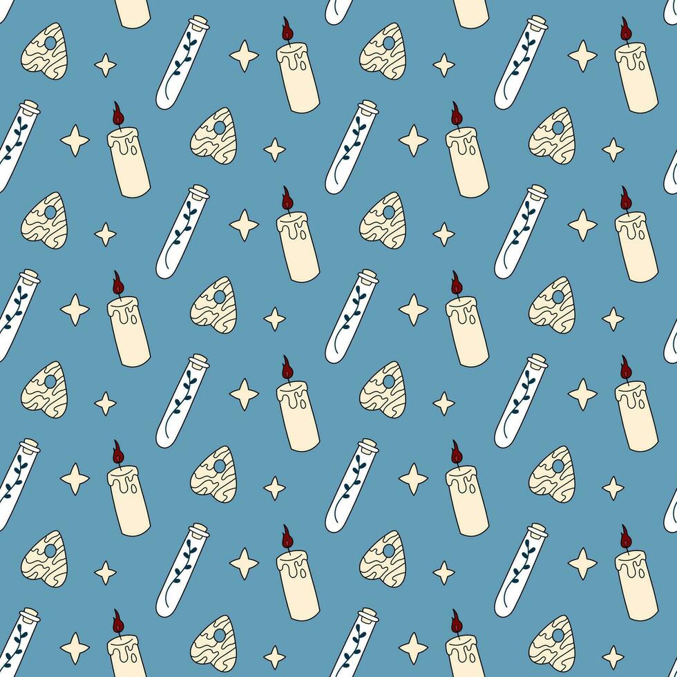 Cute doodle illustration in flat style, seamless pattern of candles, Ouija boards and dried herbs on a blue background, fortune telling. Witch items, witchcraft. vector