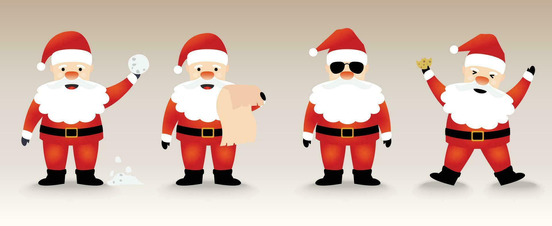 Set of Santa Claus on a gradient color background. Happy Santa with a snowball, paper list, and waving. For New Year cards, banners, headers, and posters. vector illustration.