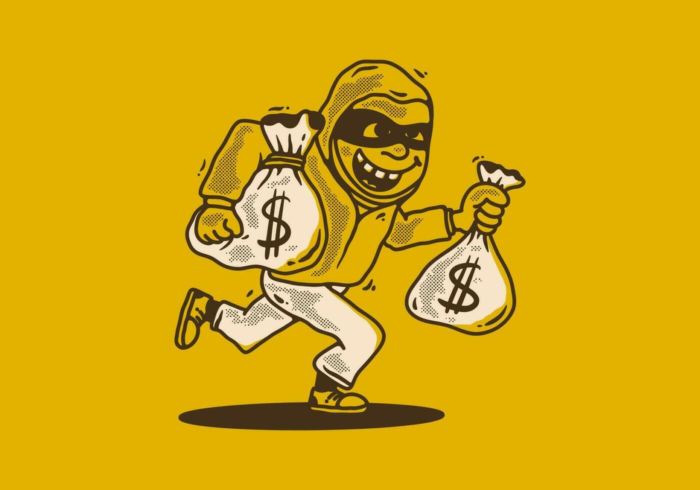 personaje ilustración de un ladrón que lleva sacos de dinero vector