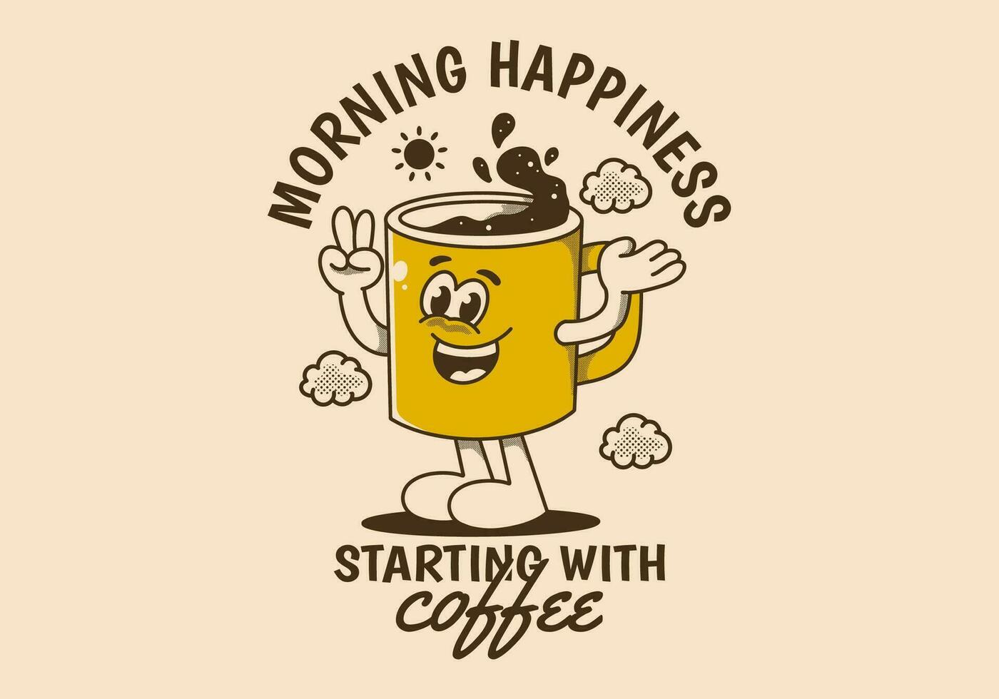 Mañana felicidad comenzando con café. Clásico mascota personaje de café jarra con contento cara vector