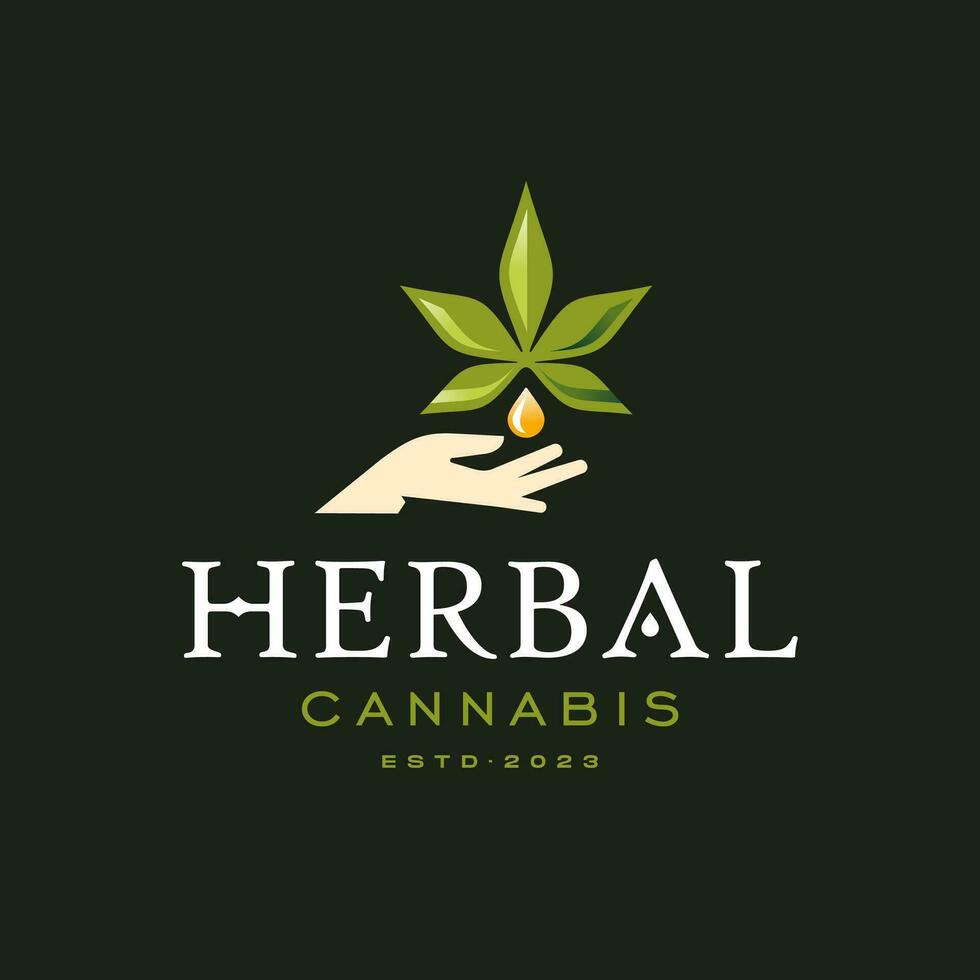 Hemp oil logo. Hand holding oil with a marijuana leaf. Medical Cannabis oil. CBD oil extract. Natural Icon product label and logo graphic template. Isolated vector illustration.