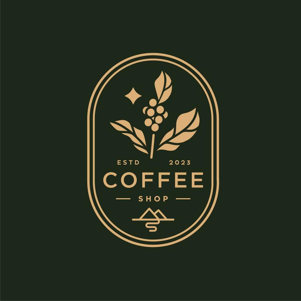 logotipo de la cafetería. insignia retro grano de café y rama de hoja con icono natural de montaña línea sello logotipo vector diseño en estilo moderno hipster vintage, icono de símbolo de marca de barra de cafetería premium