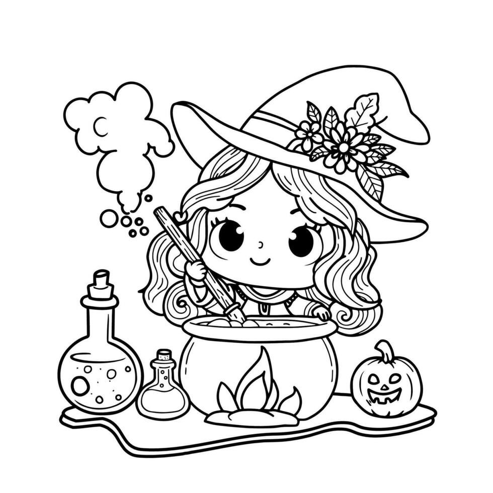 Cute cartoon girl in Halloween witch dress and brews potion in Witch cauldron outlined for coloring vector