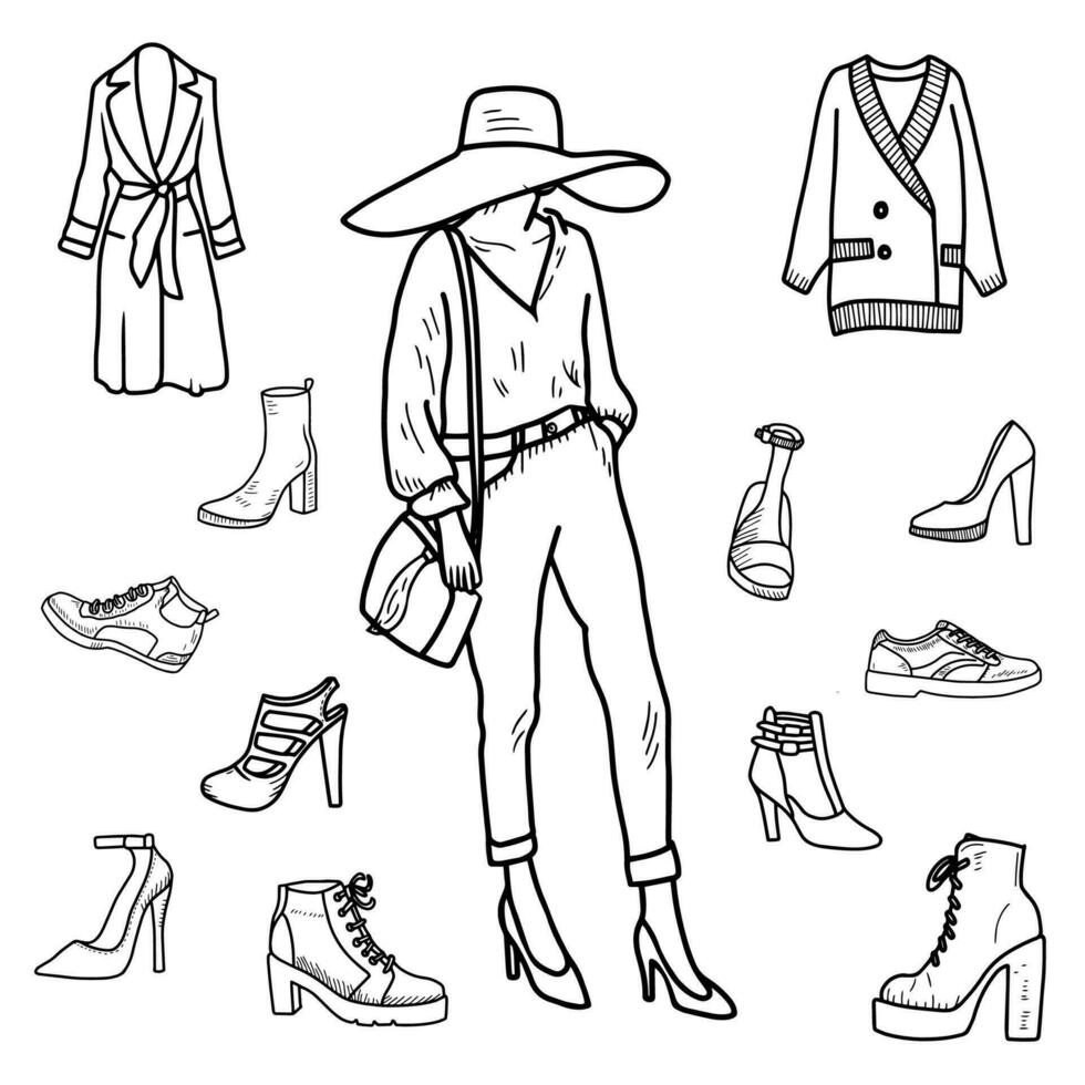 Fall season, fashion outfit outline - high heels, cowboy boots, hiking boots, sneakers. vector