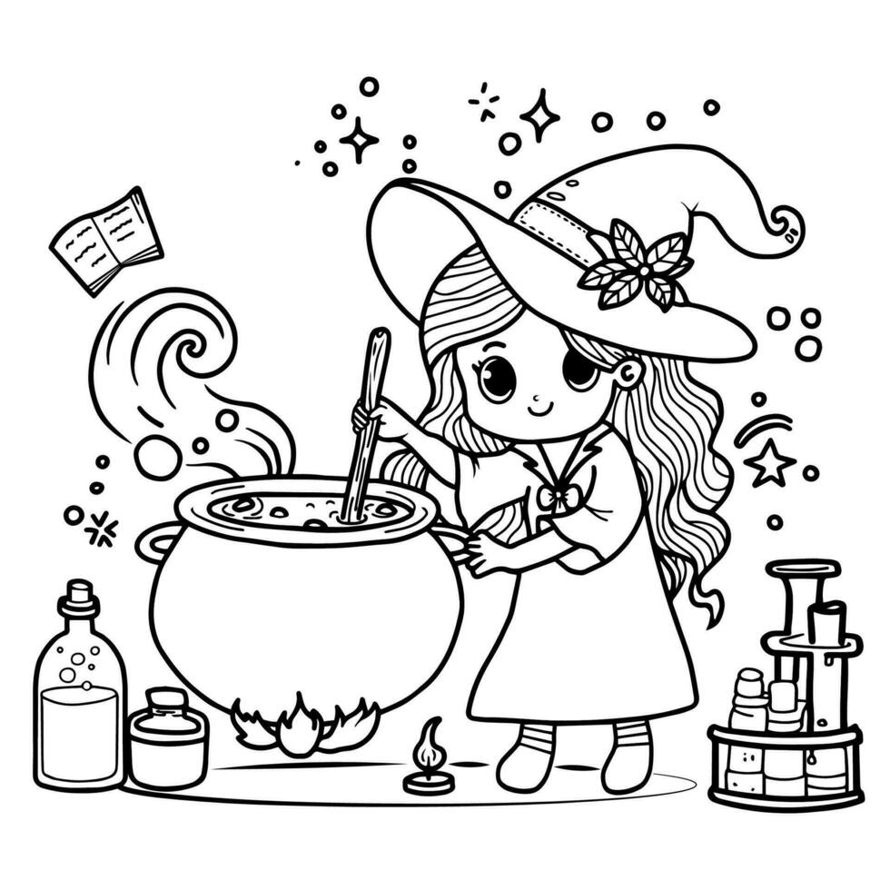 Cute cartoon girl in Halloween witch dress and brews potion in Witch cauldron outlined for coloring vector