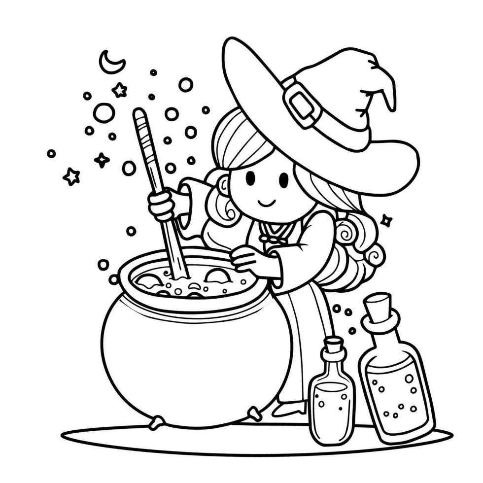 Cute cartoon girl in Halloween witch dress and brews potion in Witch cauldron outlined for coloring vector