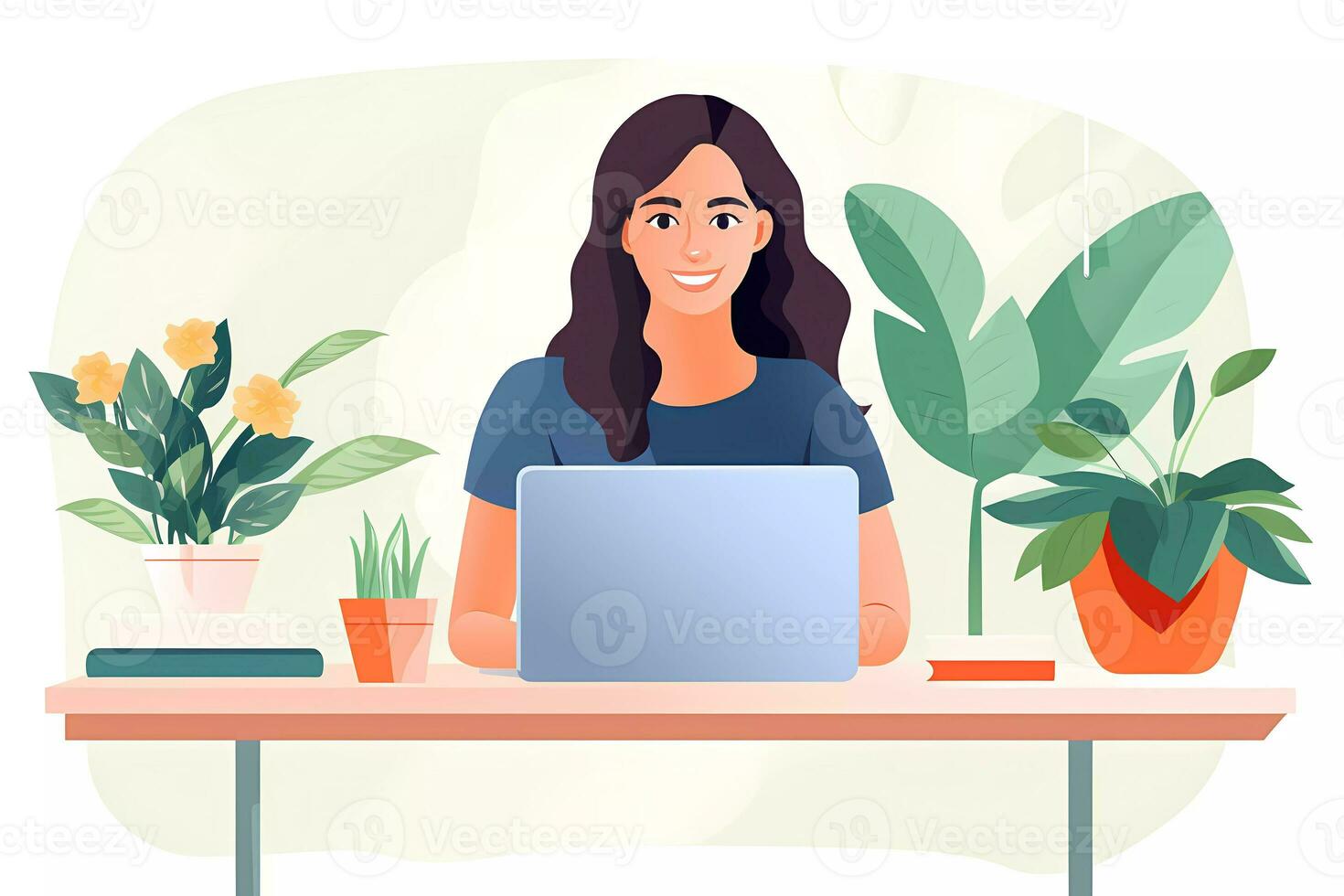 AI Generated Young woman using laptop sitting at desk. Working or learning online class concept. Flat cartoon illustration. photo