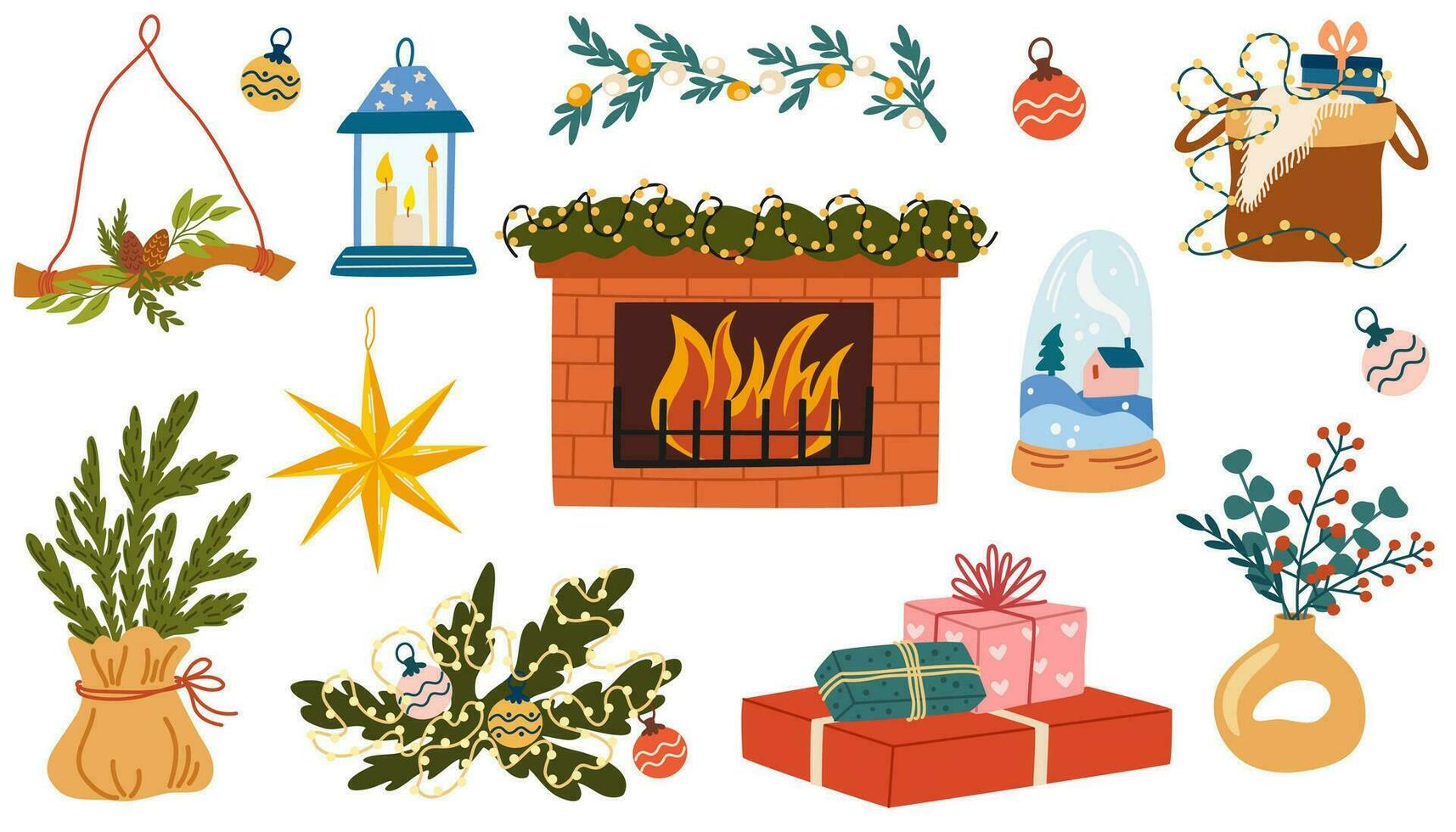 Navidad decoraciones colocar. Navidad árbol, adornos, regalos, chimenea, abeto coronas, velas nuevo año accesorios, artículos manojo. plano vector ilustraciones aislado en blanco antecedentes