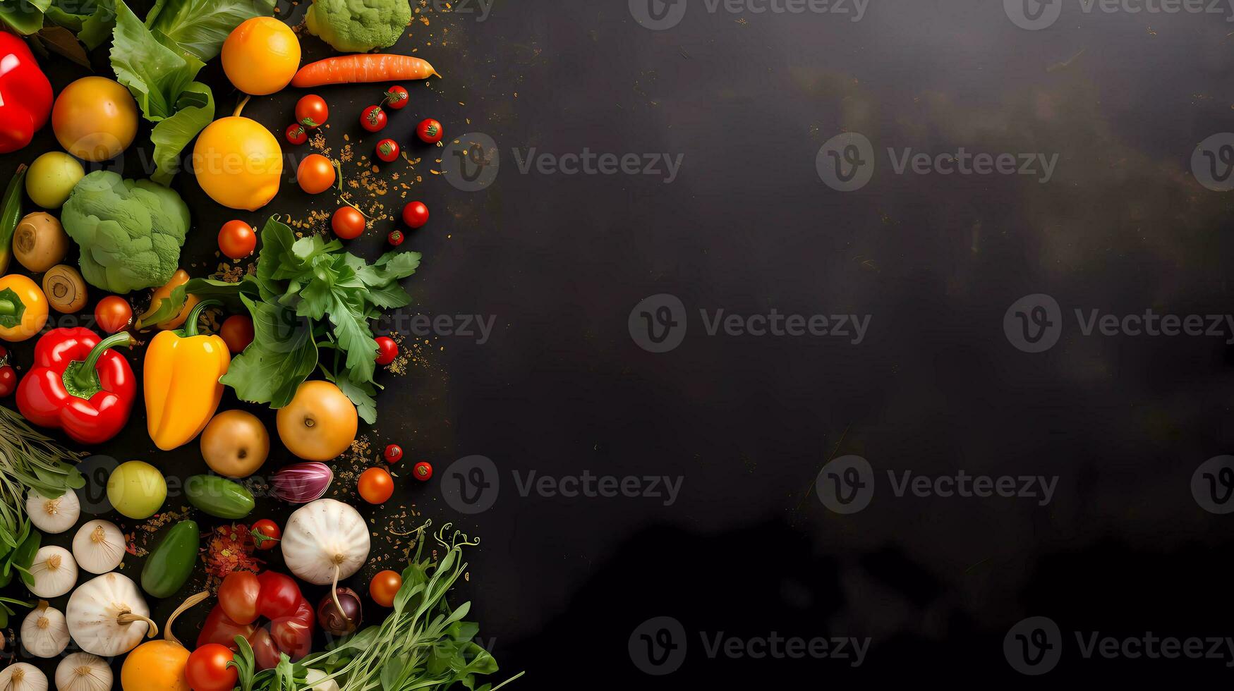 AI Generated Frame of organic food. Fresh raw vegetables on black background. Top view. Copy space. photo