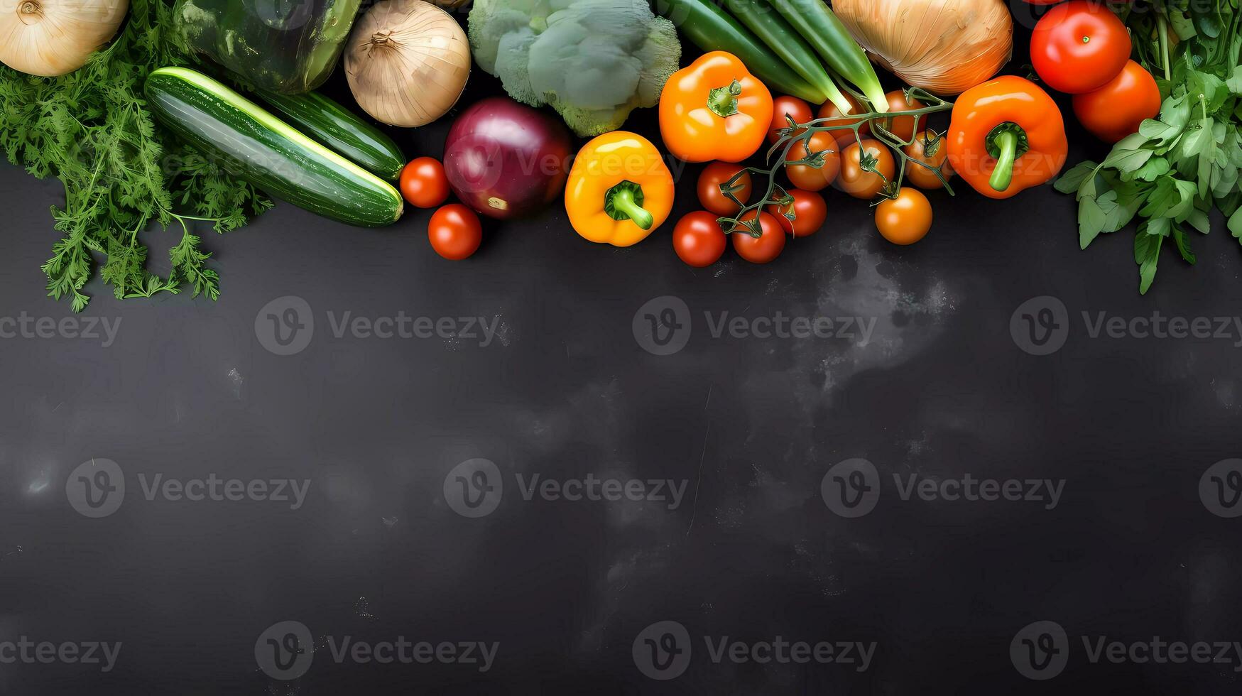 AI Generated Frame of organic food. Fresh raw vegetables on black background. Top view. Copy space. photo