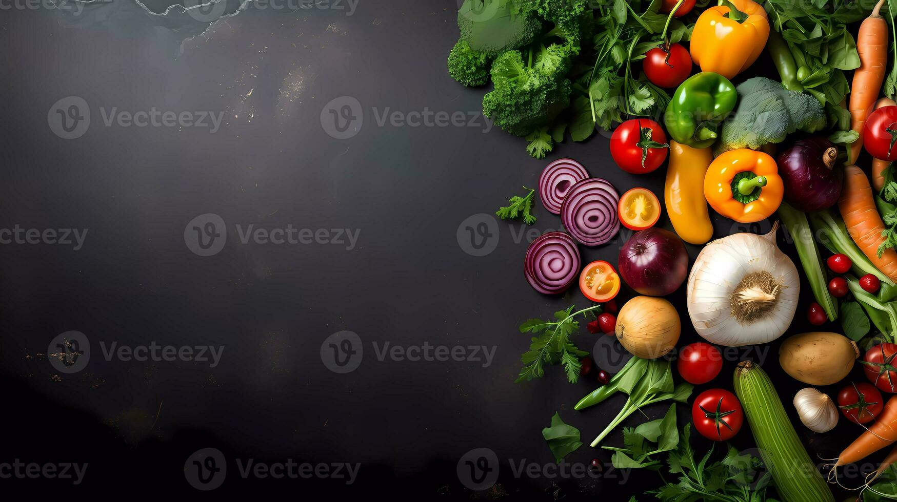 AI Generated Frame of organic food. Fresh raw vegetables on black background. Top view. Copy space. photo