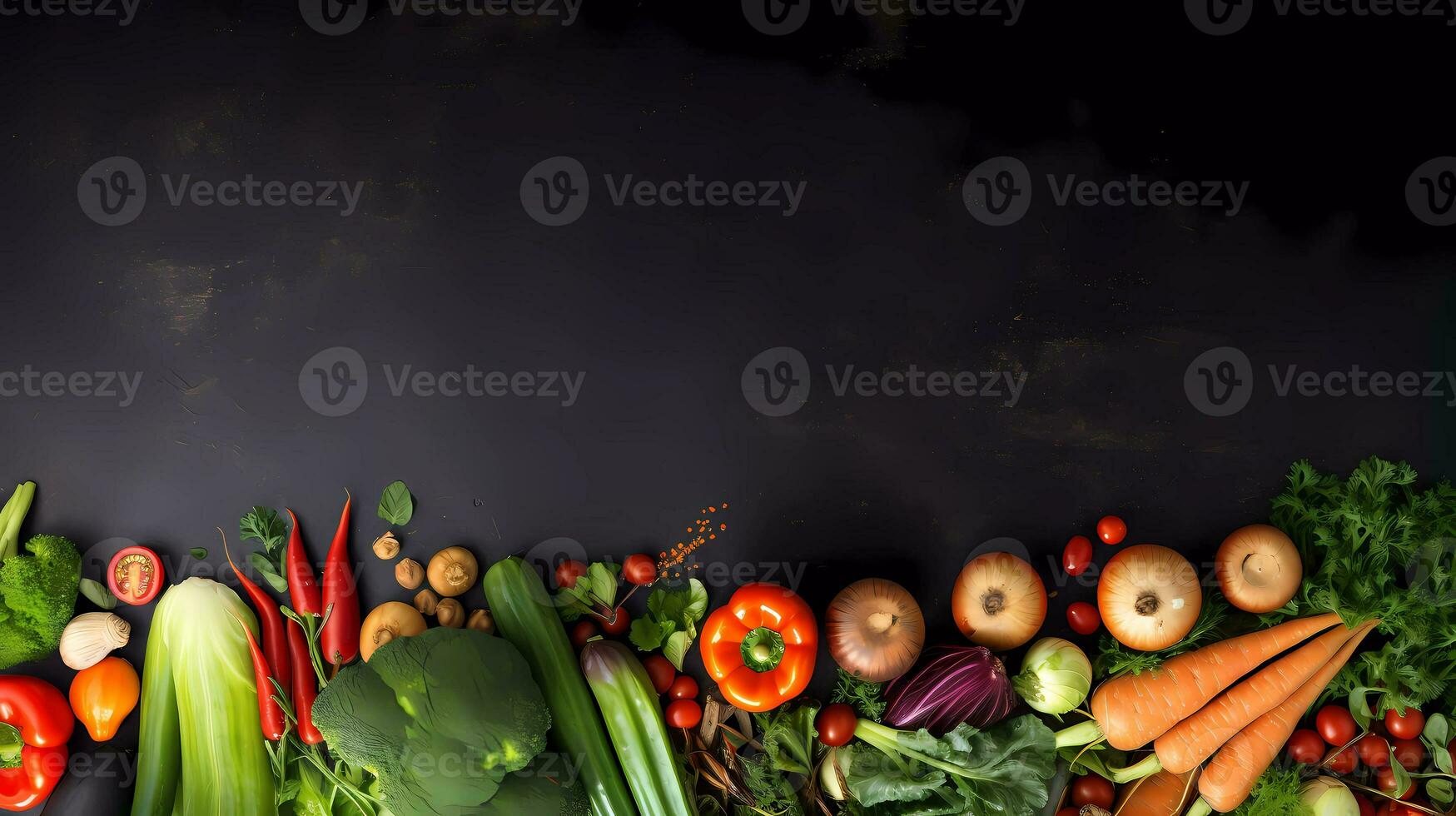 AI Generated Frame of organic food. Fresh raw vegetables on black background. Top view. Copy space. photo