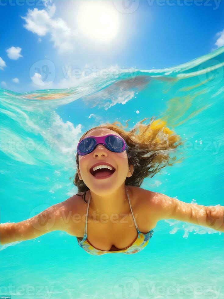 mujer nadando en piscina vacaciones. ai generado foto