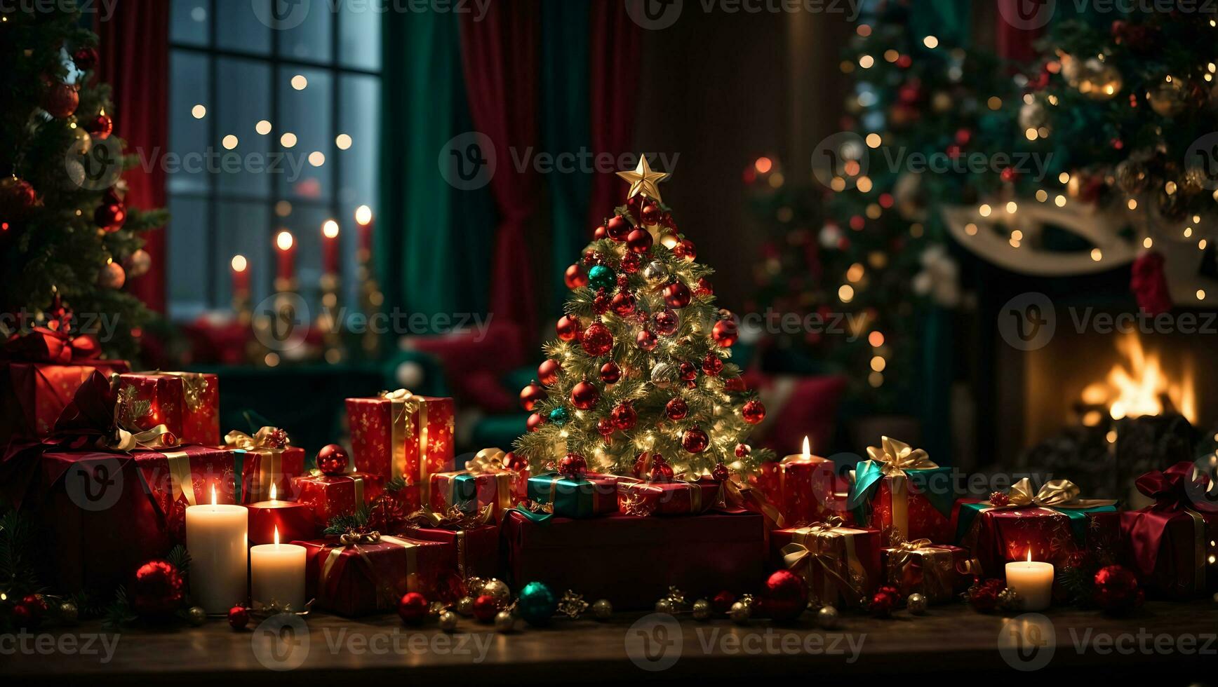Merry Christmas and new year background gift boxes and star lights with snowflakes and Christmas balls Generative Ai photo