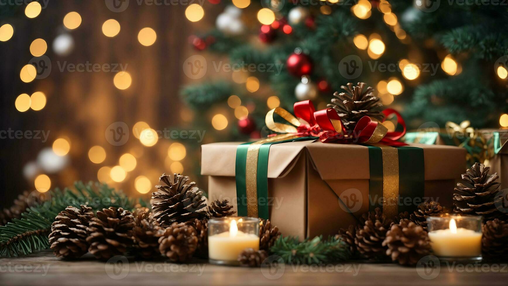 Merry Christmas and new year background gift boxes and star lights with snowflakes and Christmas balls Generative Ai photo