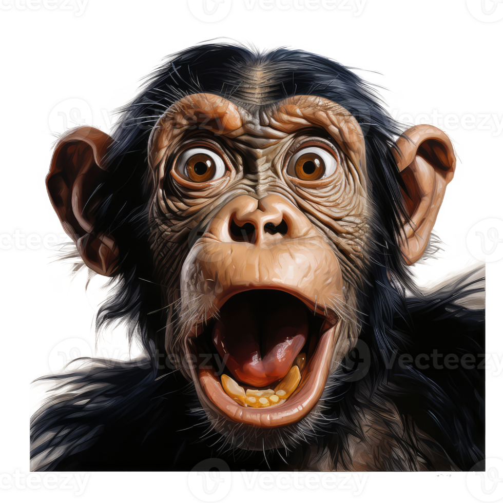 Chimpanzee looks surprised with big eyes . AI Generated png