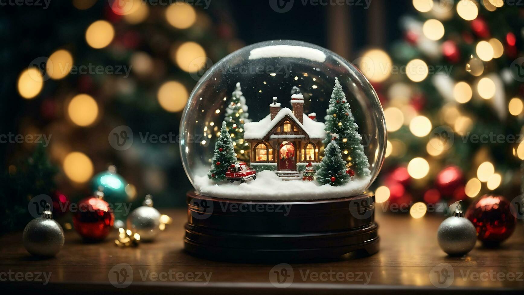 Merry Christmas and new year background gift boxes and star lights with snowflakes and Christmas balls Generative Ai photo