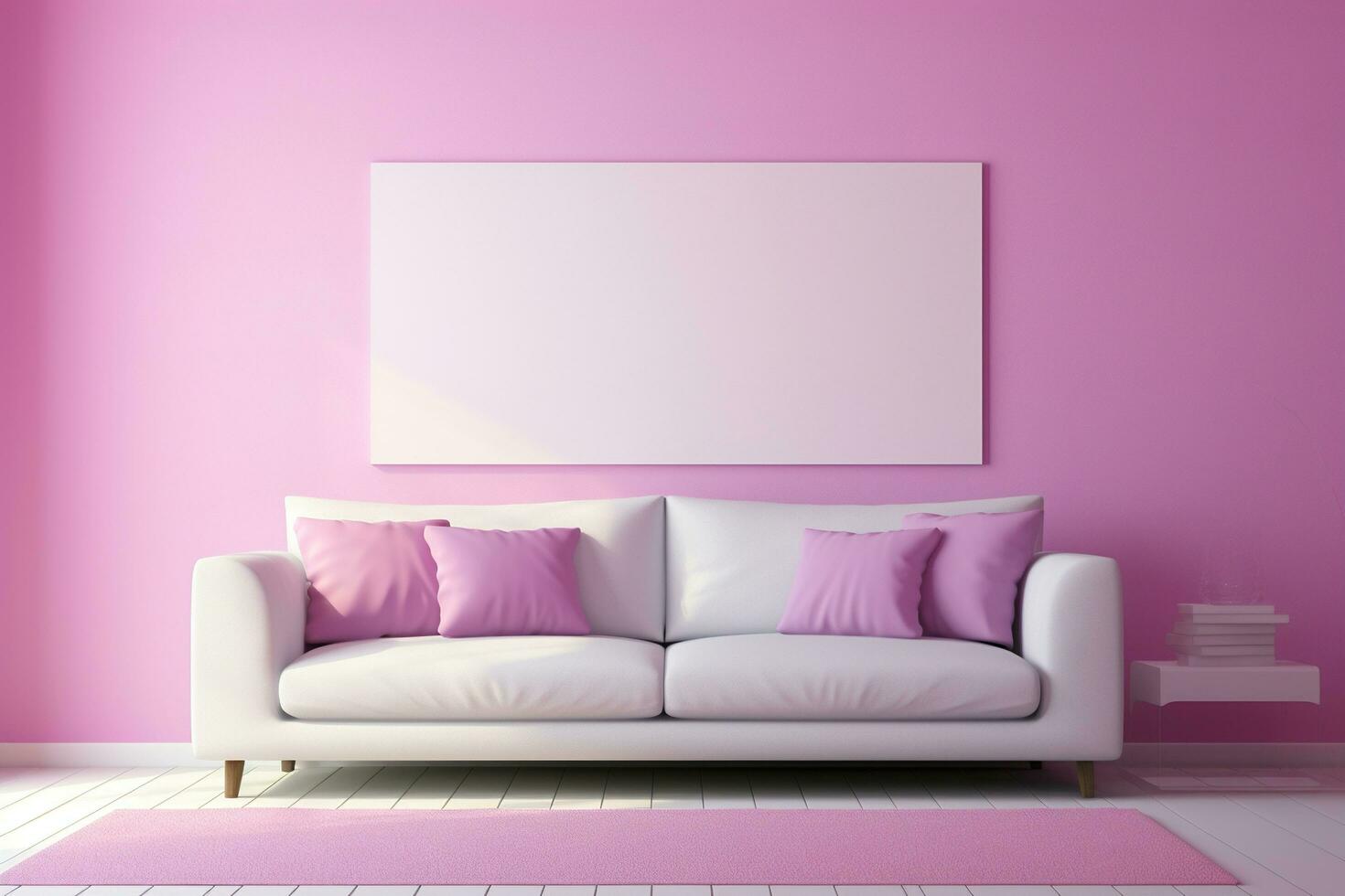 Modern minimalist interior with white sofa on a pink color wall background. Generated by artificial intelligence photo