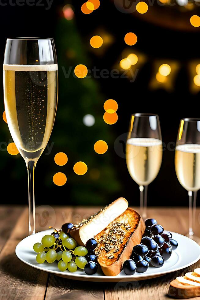 New year celebration with toast grapes and champagne glass AI generative photo