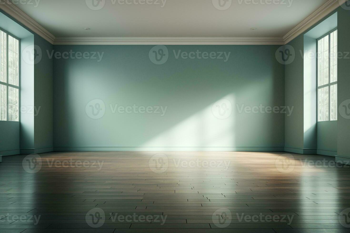 Empty bright room with large windows and turquoise walls. Modern interior. Rent, purchase of housing. Generated by artificial intelligence photo