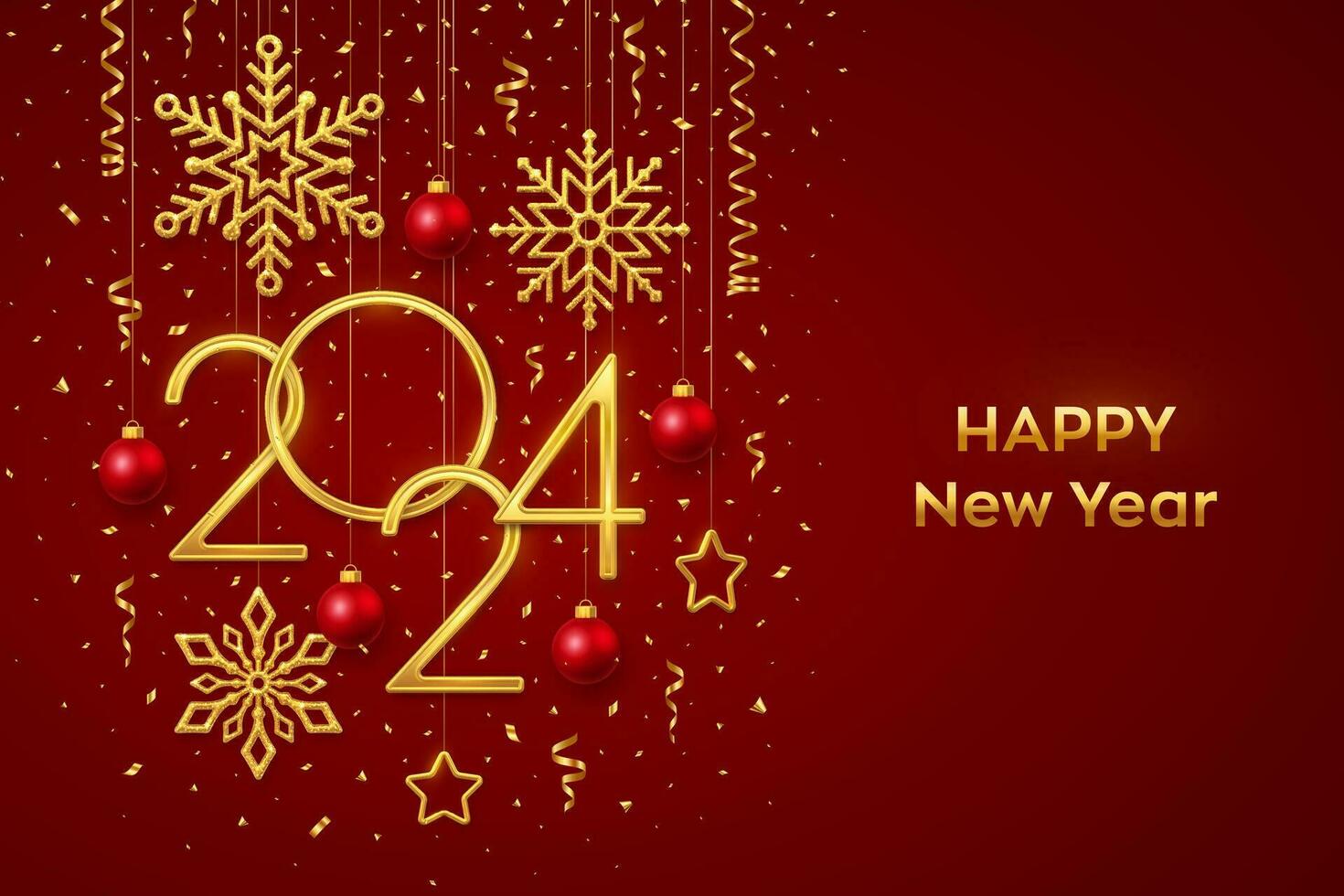 Happy New 2024 Year. Hanging Golden metallic numbers 2024 with shining snowflakes, 3D metallic stars, balls and confetti on red background. New Year greeting card or banner template. Vector. vector