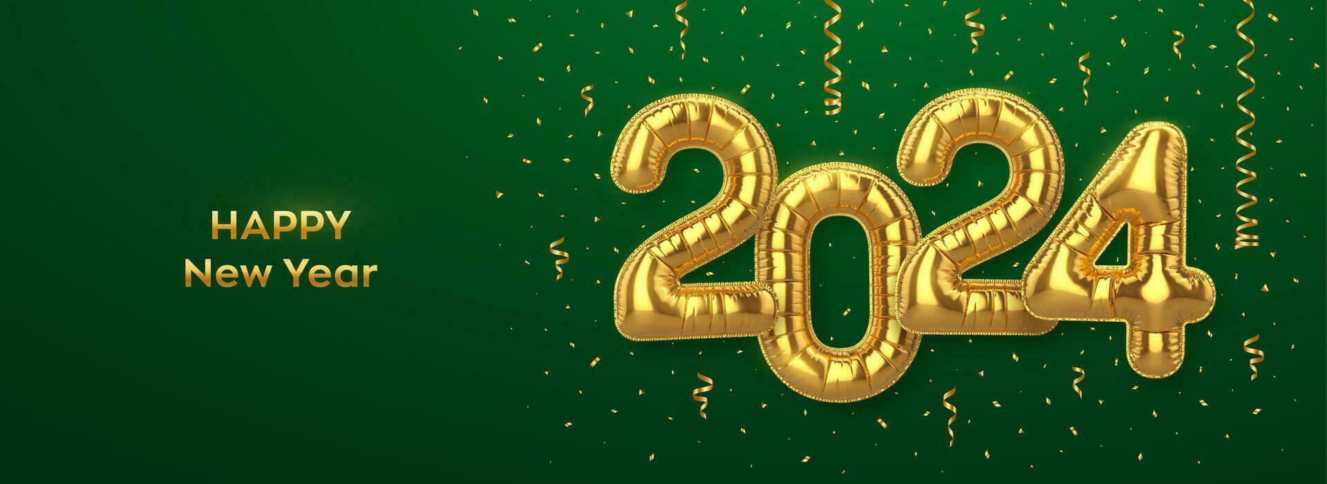 Happy New 2024 Year. Golden foil balloon numbers on green background. High detailed 3D realistic gold foil helium balloons. Merry Christmas and Happy New Year 2024 greeting card. Vector illustration.