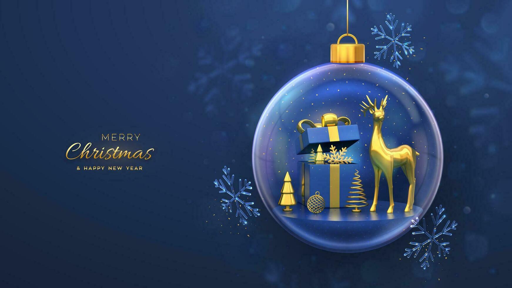 Christmas greeting card. Gold deer, gift box, golden showflake and shining ball, metallic spruce trees in a glass ball. New Year Xmas background, Holiday poster, banner, flyer. 3D Vector illustration.