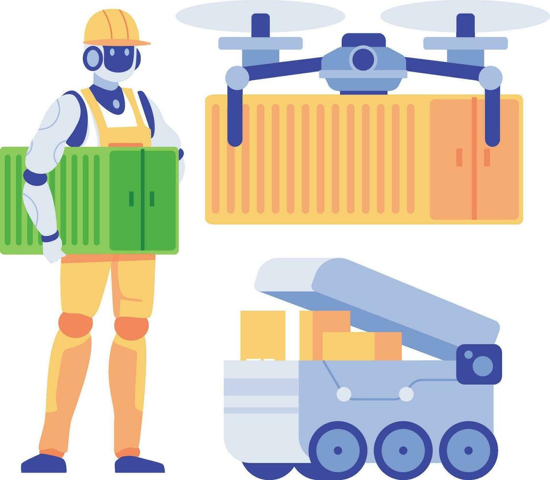 Delivery robot with drone and cardboard boxes. Delivery service concept. Social networking and online communication concept. Vector illustration