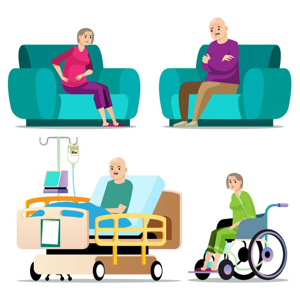 Set of old people in different situation. Elderly people, doctors and nurses. Elderly people in nursing home set. Senior man and woman sitting in armchair, Vector illustration