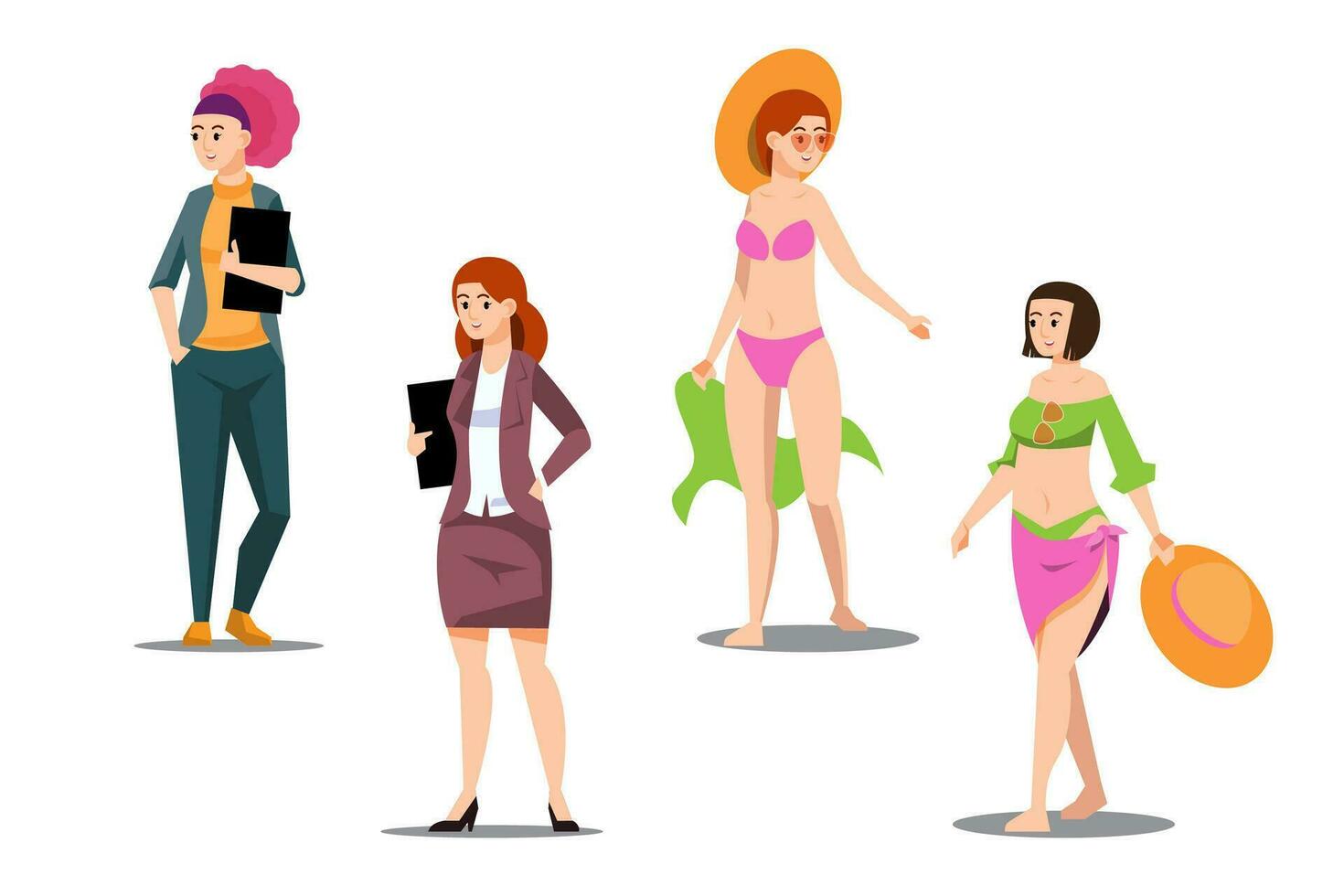 Set of female characters in casual clothes. Women of character woman in casual wear standing. Women in swimsuits. Vector illustration. Cartoon style.