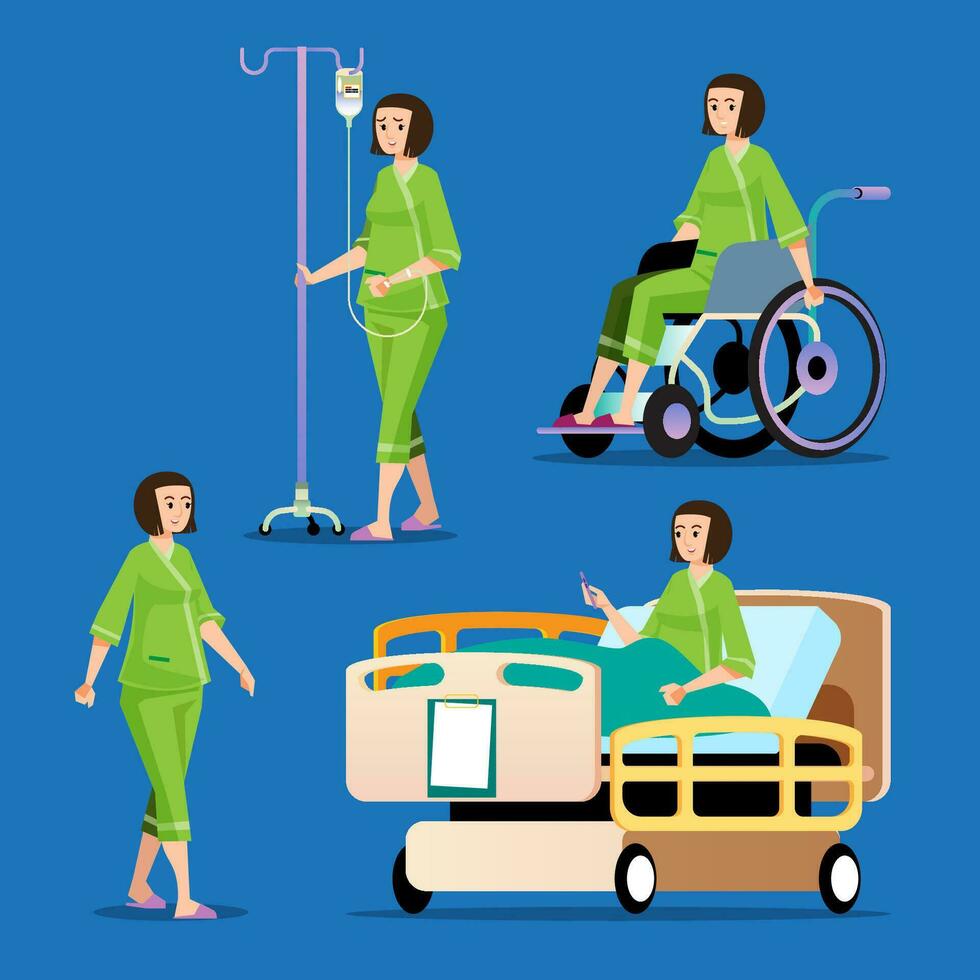 Medical rehabilitation isometric composition with doctor and patient on crutches. patient on wheelchair. Cartoon vector illustration. Vector illustration.