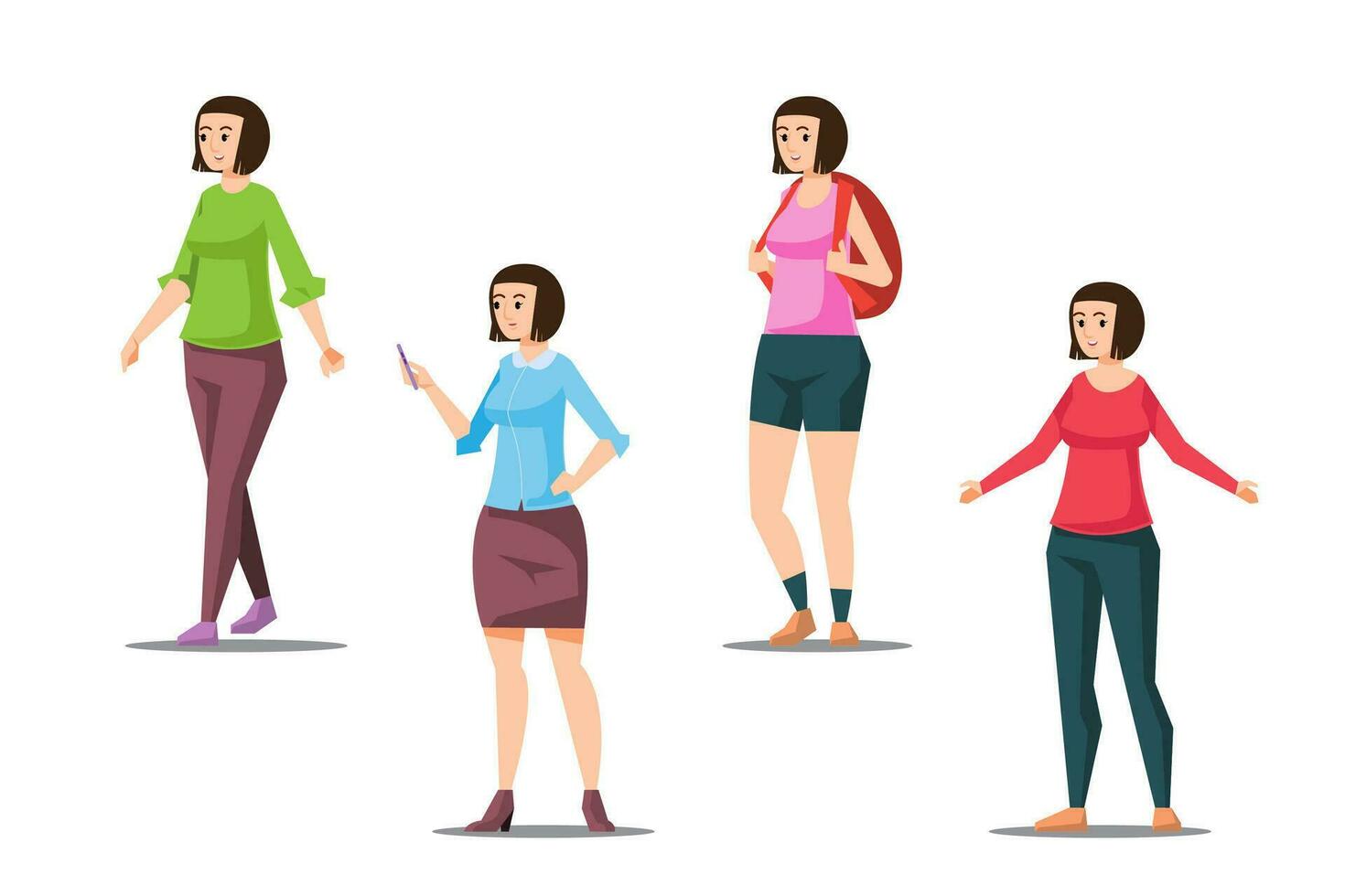 Set of female characters in casual clothes. Women of character woman in casual wear standing vector illustration