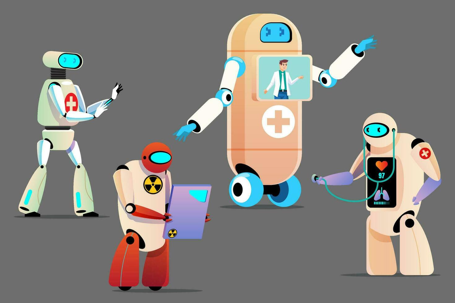 Robots take care of general patients. Technology in caring for patients and the disabled. Set of robots with medical icons. Vector illustration