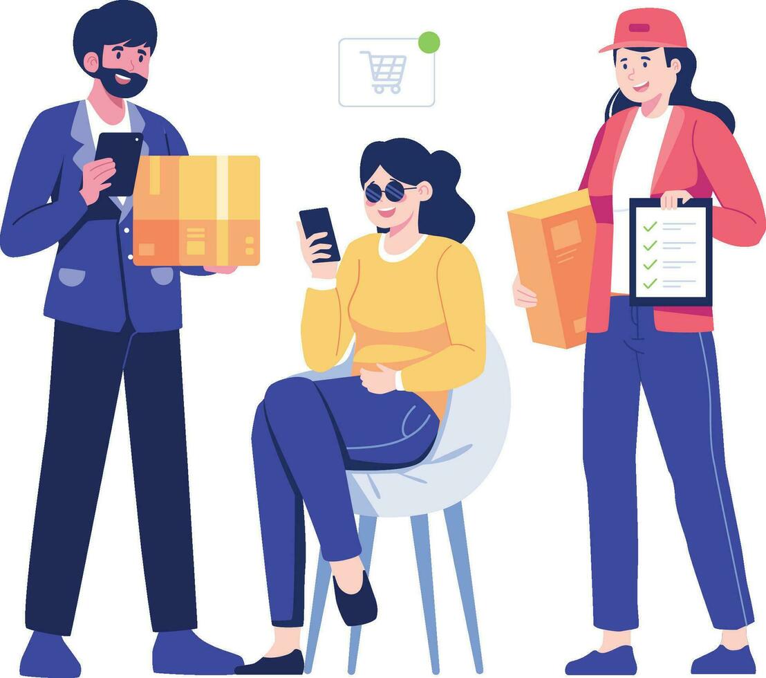 Delivery man and woman with parcels and boxes. Delivery service concept. Online shopping concept. Vector illustration