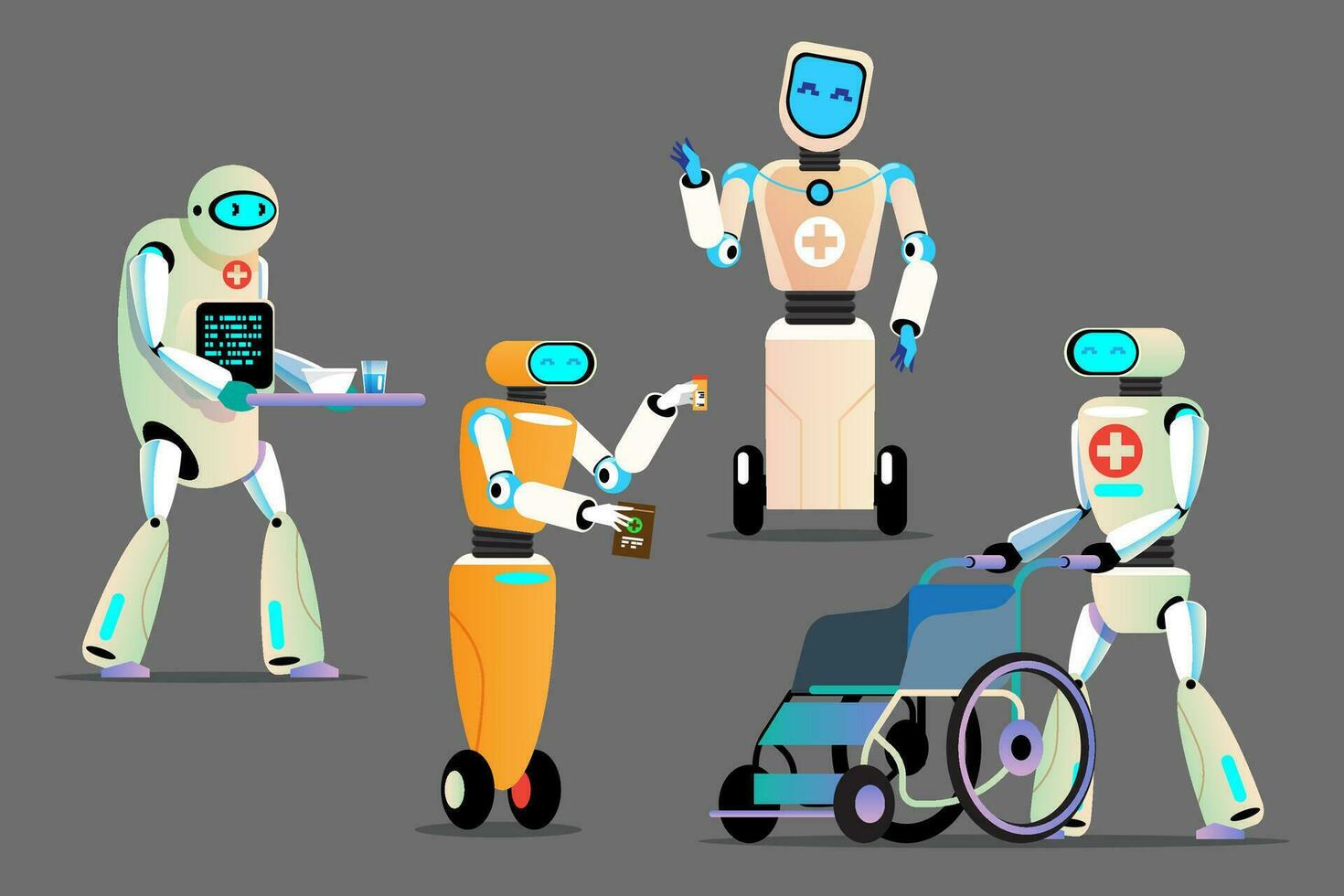 Robots take care of general patients. Technology in caring for patients and the disabled. Robot with prosthetic arm and wheelchair. Vector illustration