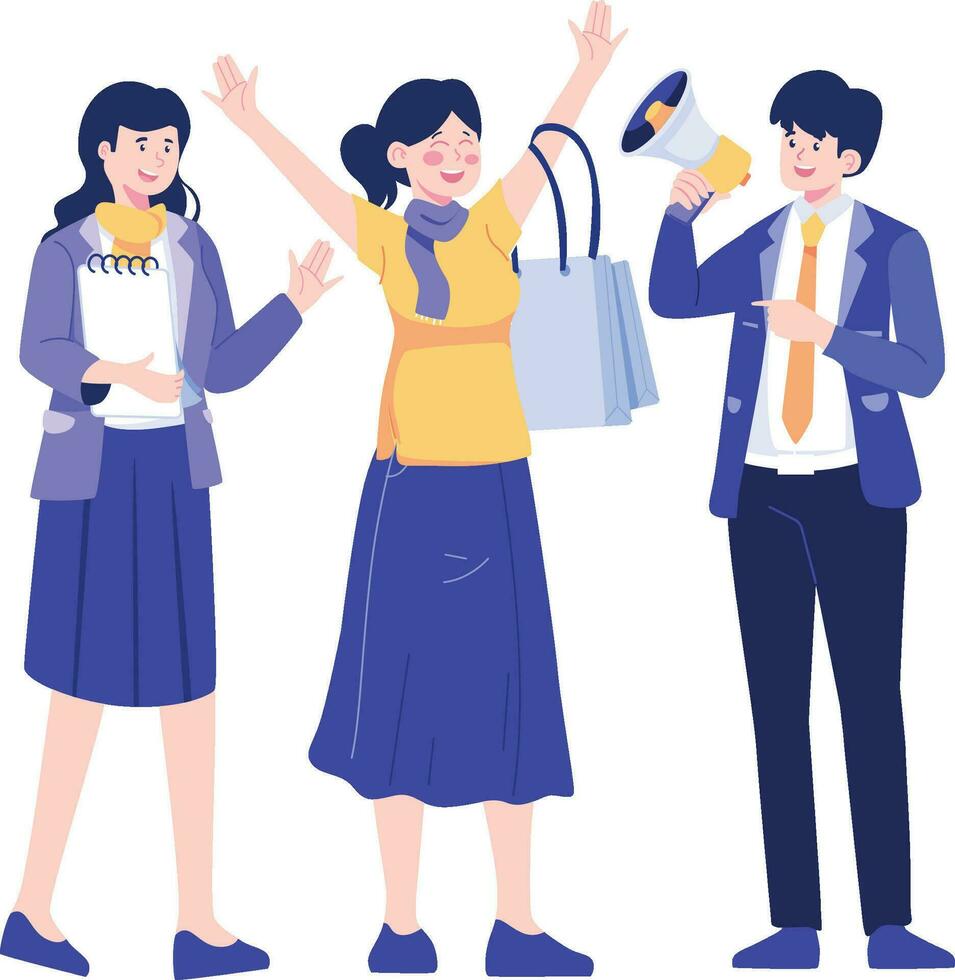 Happy business people with shopping bags and megaphone. Social networking and online communication concept. Vector illustration