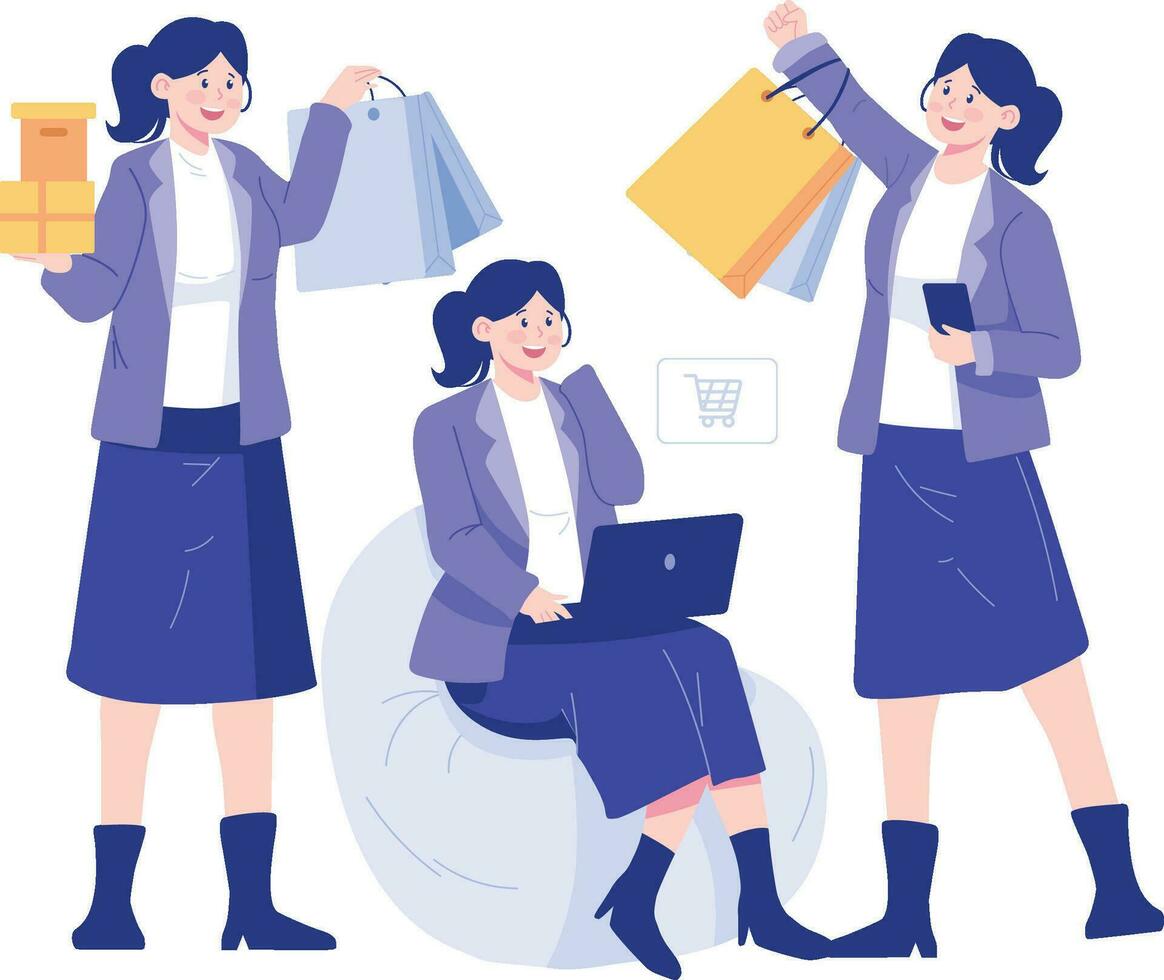 mujer con compras pantalones y computadoras portátiles en línea compras concepto. social redes y en línea comunicación concepto. vector ilustración