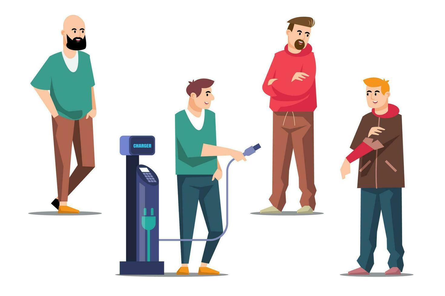 Man character in different situations. men in various poses with EV car charger. Vector illustration.