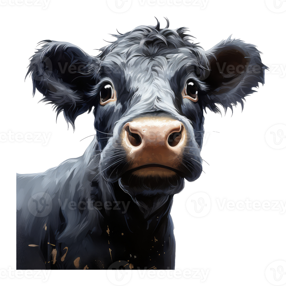 Black Angus cow looks surprised with big eyes . AI Generated png
