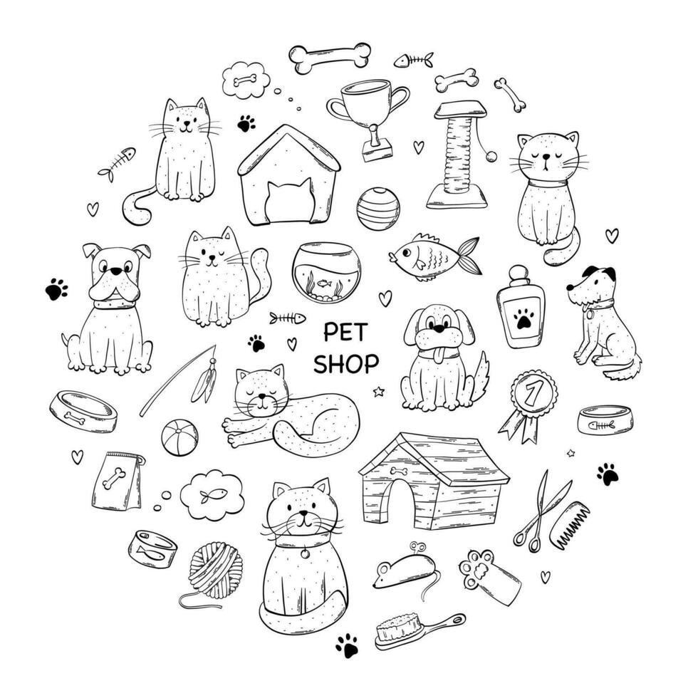 Pets doodles collection, domestic animals clip art set, pet shop accessorise cartoon elements for prints, stickers, banners, signs, etc. EPS 10 vector