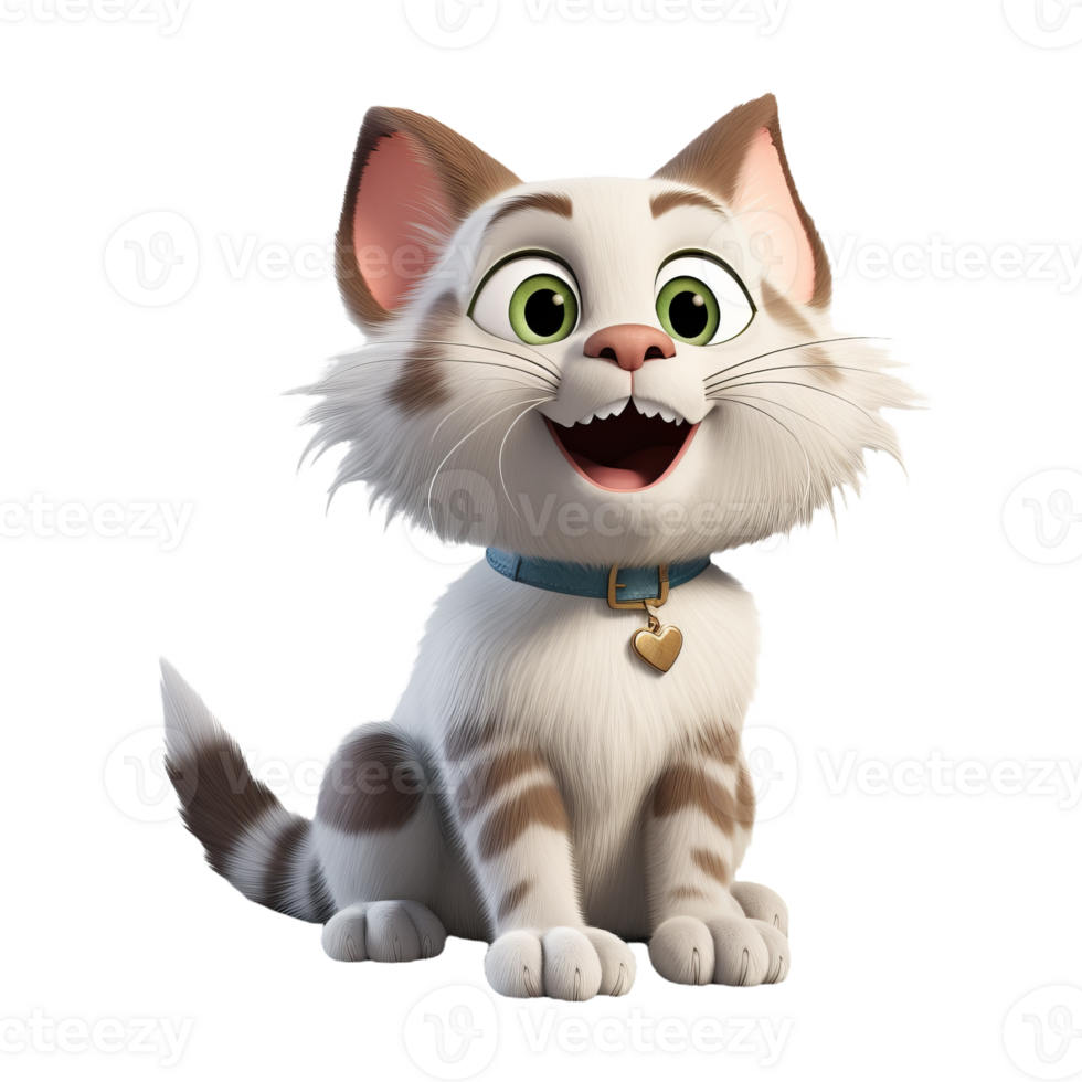 3D cartoon illustration of white cat isolated on transparent background png