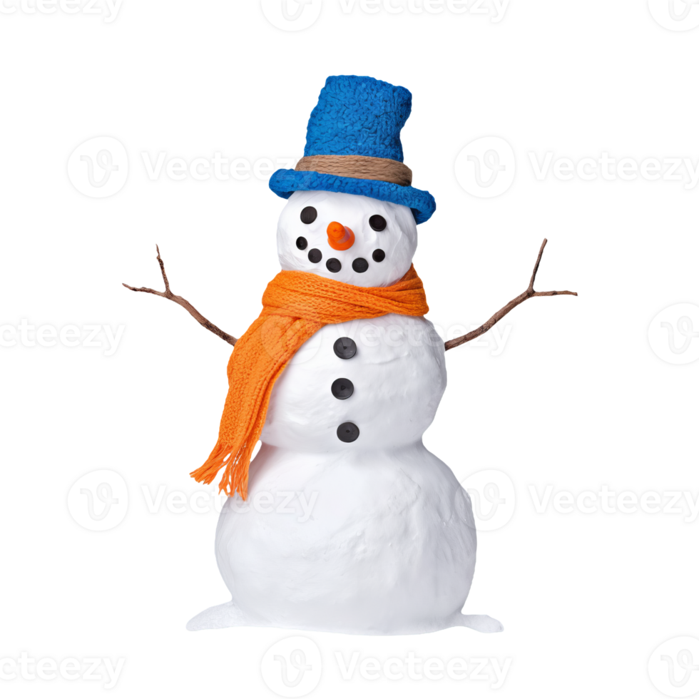 A snowman with hat and scarf isolated on transparent background png
