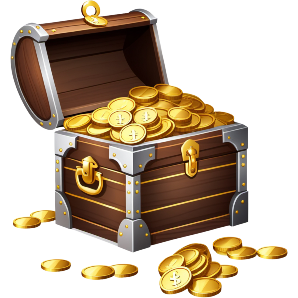 Wooden treasure chest with gold coins. AI Generative png