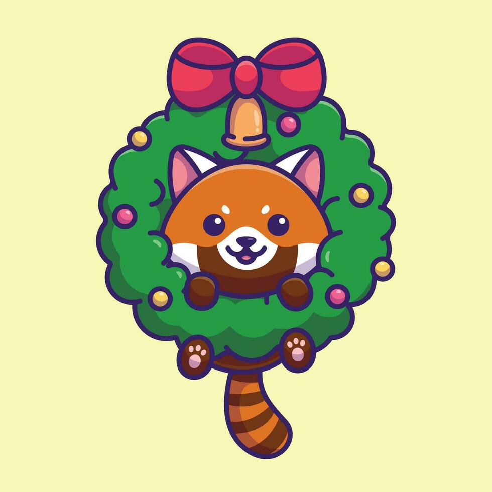 Cute red panda flower wreath simple cartoon vector illustration christmas concept icon isolated